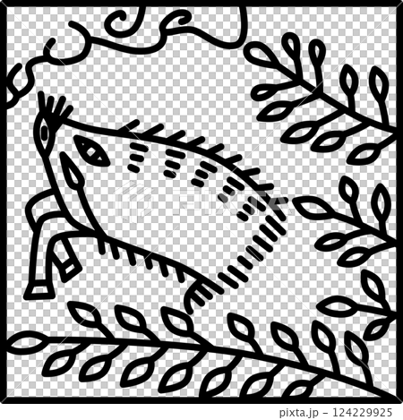 線画正方形シンプル花札　文月　萩　猪　7月　萩に猪 124229925