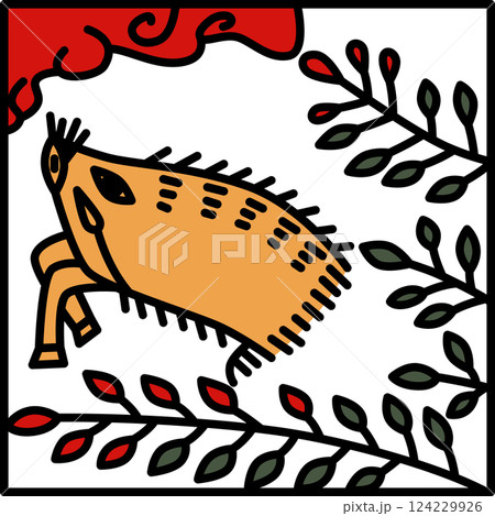 カラー正方形シンプル花札　文月　萩　猪　7月　萩に猪 124229926