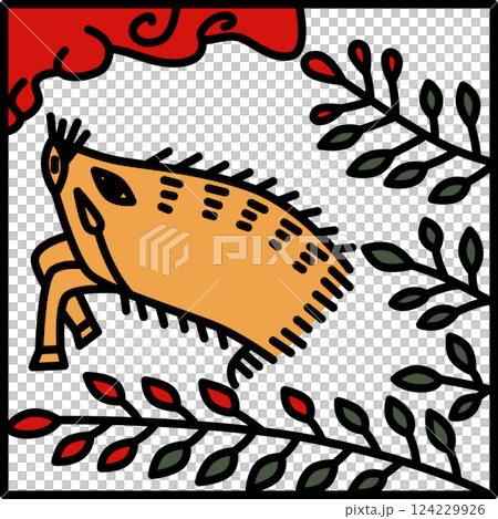 カラー正方形シンプル花札　文月　萩　猪　7月　萩に猪 124229926