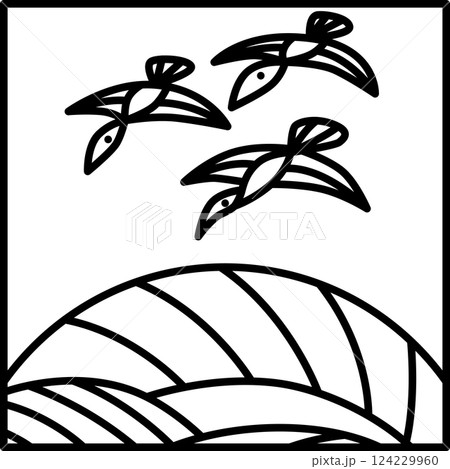 線画正方形シンプル花札　葉月　芒　雁　8月　芒に雁 124229960