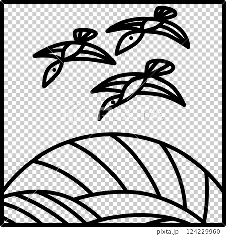 線画正方形シンプル花札　葉月　芒　雁　8月　芒に雁 124229960