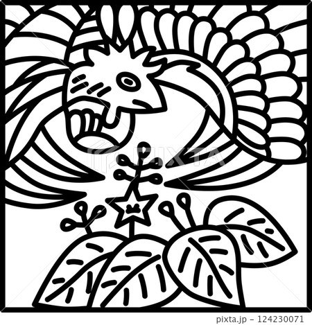 線画正方形シンプル花札　師走　桐　鳳凰　12月　桐に鳳凰 124230071