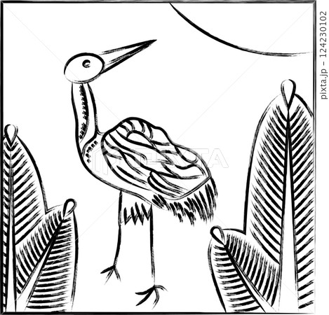 筆書き正方形花札　睦月　松　鶴　1月　松に鶴 124230102