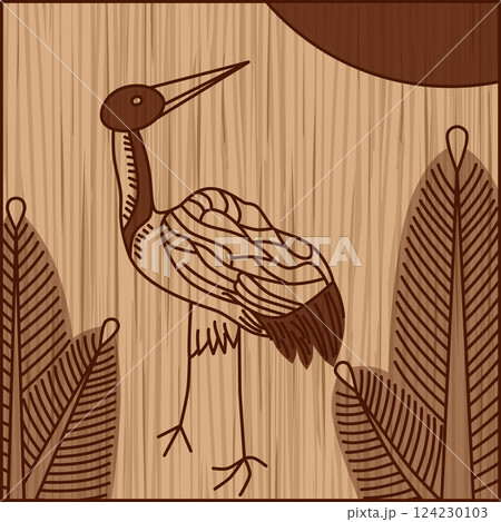 木彫り風正方形花札　睦月　松　鶴　1月　松に鶴 124230103