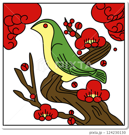 ステッカー風正方形花札　鶯　如月　梅　2月　梅に鶯 124230130