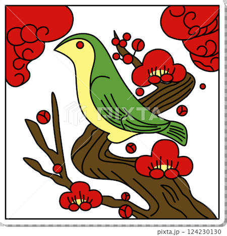 ステッカー風正方形花札　鶯　如月　梅　2月　梅に鶯 124230130