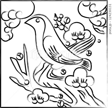 筆書き正方形花札　鶯　如月　梅　2月　梅に鶯 124230131