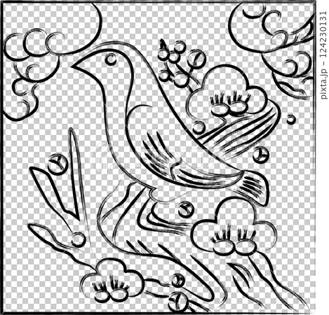 筆書き正方形花札　鶯　如月　梅　2月　梅に鶯 124230131