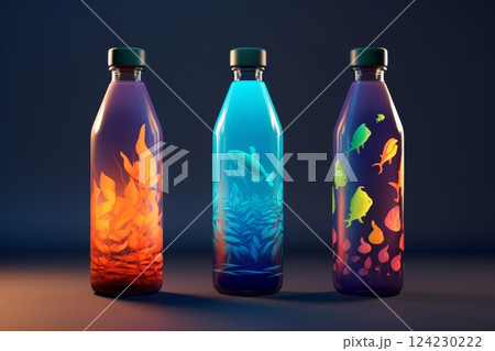 Close-up of colorful reusable, steel water bottles, isolated on dark background. Zero waste. Say no to plastic disposable bottle. Environment concept. Generated AI Close-up of colorful reusable, steel water bottles, isolated on dark background. Zero waste. Say no to plastic disposable bottle. Environment concept. Generated AI 124230222