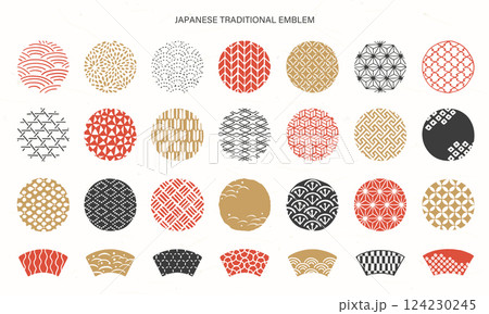 和柄のフレームとシンボルセット/手書きの和風デザイン 和柄のフレームとシンボルセット/手書きの和風デザイン 124230245