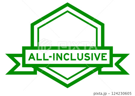 Vintage green color hexagon label banner with word all-inclusive on white background 124230605