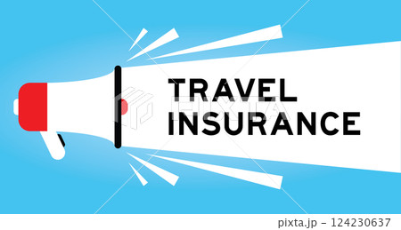 Color megaphone icon with word travel insurance in white banner on blue background 124230637