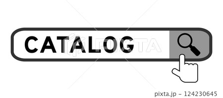 Search banner in word catalog with hand over magnifier icon on white background 124230645