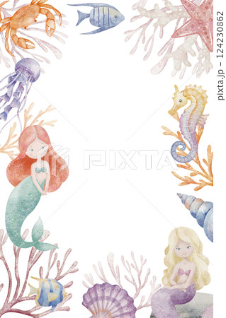 Watercolor template with Mermaids, fish, and sea creatures. Marine fairy tale Background for childish invitations or baby greeting cards. Illustration of underwater Frame for nursery posters. 124230862