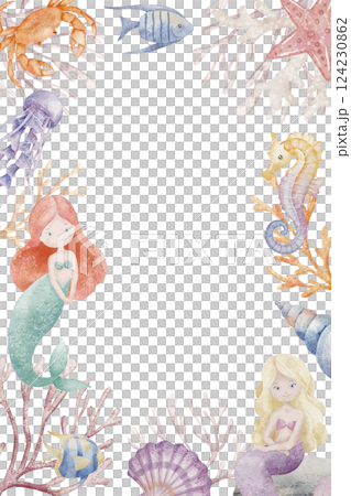 Watercolor template with Mermaids, fish, and sea creatures. Marine fairy tale Background for childish invitations or baby greeting cards. Illustration of underwater Frame for nursery posters. 124230862
