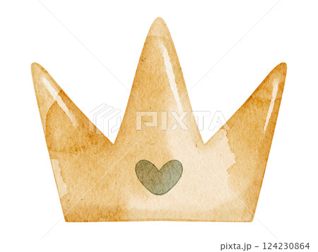 Watercolor illustration of a golden Crown with a heart for little princess or prince. Drawing of fairytale element for childish invitations or baby shower greeting cards. Art for newborn party. 124230864