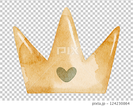 Watercolor illustration of a golden Crown with a heart for little princess or prince. Drawing of fairytale element for childish invitations or baby shower greeting cards. Art for newborn party. 124230864