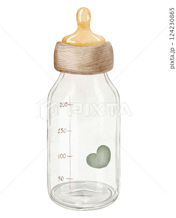 Watercolor illustration of a Baby Bottle for milk with a wooden cap and heart design. Drawing of glass container for childish invitations or newborn party greeting cards. Art in pastel colors. 124230865