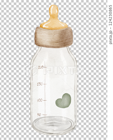 Watercolor illustration of a Baby Bottle for milk with a wooden cap and heart design. Drawing of glass container for childish invitations or newborn party greeting cards. Art in pastel colors. 124230865