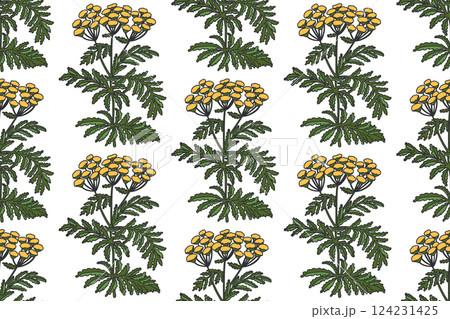 Botanical plant seamless pattern with yellow flowers vector illustration. Repeating floral pattern in white background. Graphic design for Fashion Cover Textile Birthday Greeting Card Invitation Print 124231425
