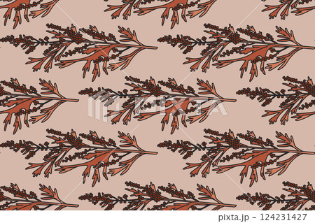Botanical plant seamless pattern with berries vector illustration.Repeating floral pattern in brown background. Graphic design for Fashion Cover Textile Birthday Greeting Card Invitation Wedding Print 124231427