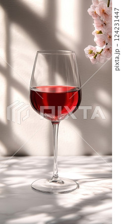 Elegant Glass of Red Wine with Cherry Blossom and Soft Shadow Play 124231447