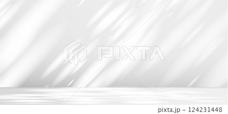 Glare from the sun's rays on the wall. Blurred shadows from leaves and plants in the room. Soft overlay of natural light. Abstract background for product presentation.Natural light layout. 124231448