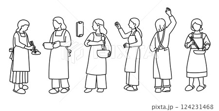 キッチンで料理をする女性の線画ベクターイラスト 124231468