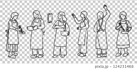キッチンで料理をする女性の線画ベクターイラスト 124231468