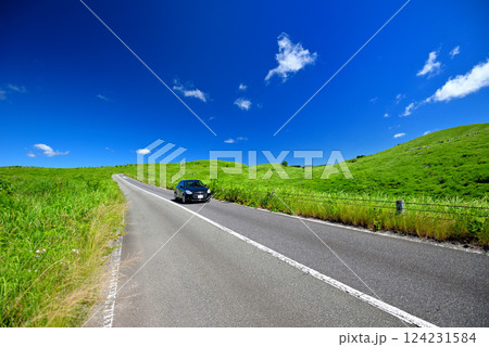 中国地方・秋吉台・車窓から青空と草原を眺めてドライブ、秋吉台カルストロード・山口県美弥市(5) 124231584