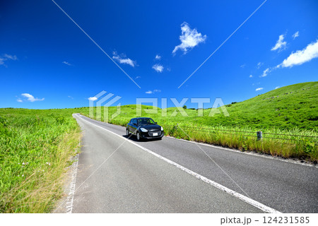 中国地方・秋吉台・車窓から青空と草原を眺めてドライブ、秋吉台カルストロード・山口県美弥市(6) 124231585