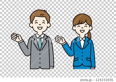 Simple vector illustration of male and female office workers explaining with their hands_color 124231656