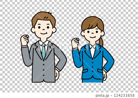 元気にガッツポーズをする、男女の会社員のシンプルなベクターイラスト素材＿カラー 124231658