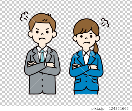 Simple vector illustration of male and female office workers getting angry with their arms crossed_Color 124231663