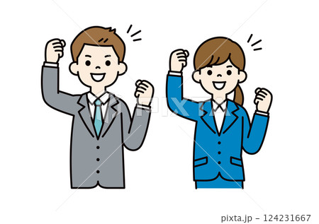 両手でガッツポーズをする、男女の会社員のシンプルなベクターイラスト素材_カラー 両手でガッツポーズをする、男女の会社員のシンプルなベクターイラスト素材_カラー 124231667