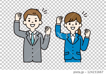両手でガッツポーズをする、男女の会社員のシンプルなベクターイラスト素材_カラー 両手でガッツポーズをする、男女の会社員のシンプルなベクターイラスト素材_カラー 124231667