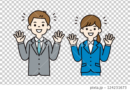 簡單的向量插圖，描繪男性和女性辦公室職員張開雙臂歡呼雀躍_顏色 124231673