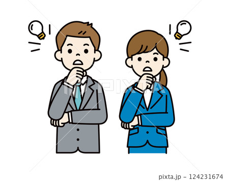 ハッと閃いたポーズの、男女の会社員のシンプルなベクターイラスト素材＿カラー 124231674