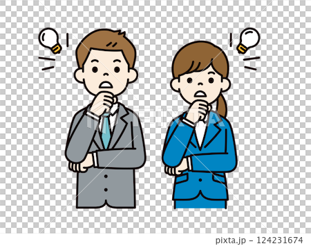 ハッと閃いたポーズの、男女の会社員のシンプルなベクターイラスト素材＿カラー 124231674