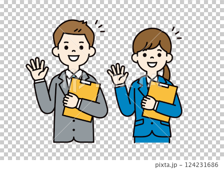 Simple vector illustration of male and female office workers greeting with a file in hand_Color Simple vector illustration of male and female office workers greeting with a file in hand_Color 124231686