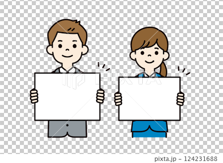 A simple vector illustration of a male and female office worker holding a white board with a smile_Color 124231688