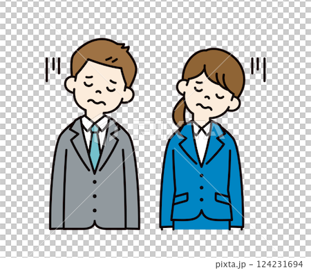 Simple vector illustration of male and female office workers who are disappointed with their shoulders dropped_Color 124231694