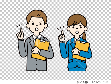 簡單的向量插圖，顯示男性和女性辦公室職員一手拿著文件，顏色 124231696