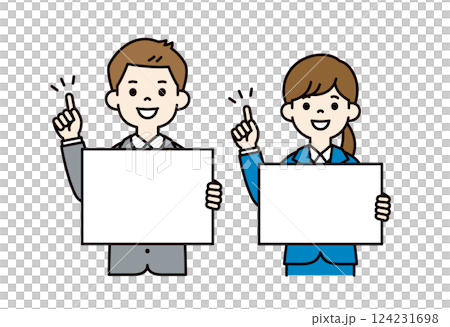 男性和女性辦公室職員拿著板子解釋要點的簡單向量插圖_顏色 124231698