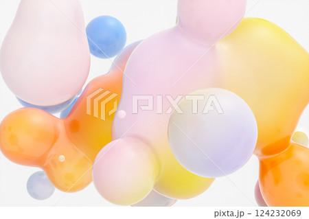 Abstract 3d art background with glossy gradient spheres floating. liquid blobs. soap bubbles. 124232069