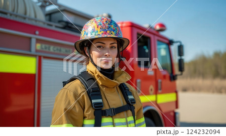 Confident Female Firefighter in Colorful Helmet by Fire Truck 124232094