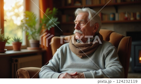 Elderly man in cozy armchair reflects quietly near a sunlit window in a warm living room 124232119