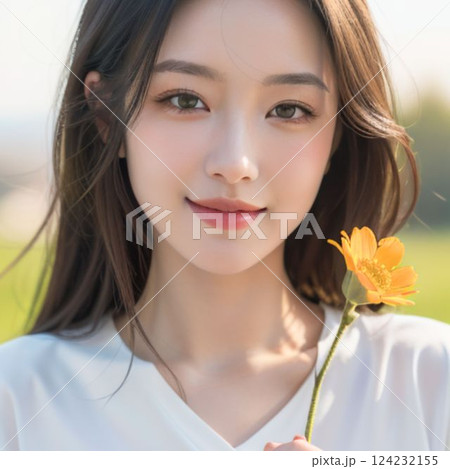 花を持つ若くてきれいな女性 花を持つ若くてきれいな女性 124232155