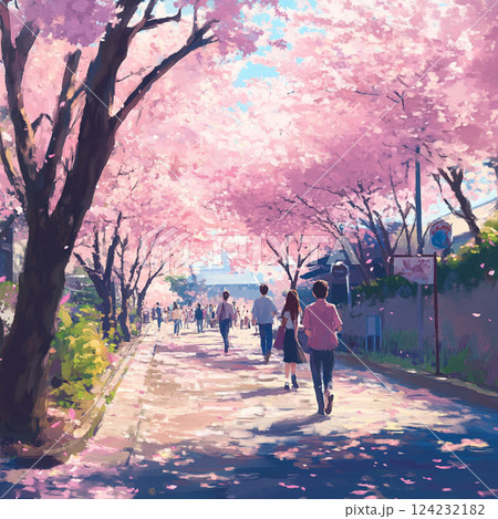 桜並木を散歩する人 124232182