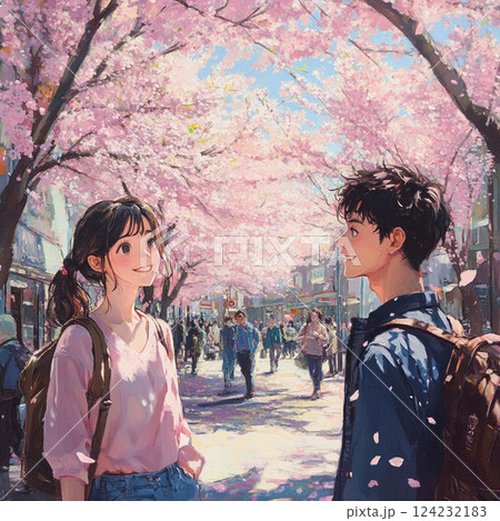 桜の下のカップル 124232183